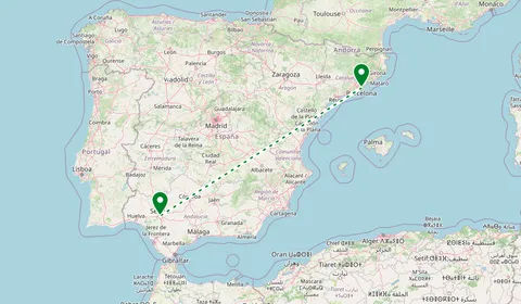 Kaart met de route van Barcelona naar Seville