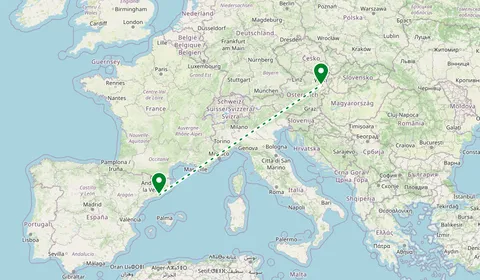 Kaart met de route van Barcelona naar Wenen