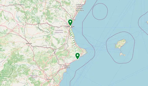 Kaart met de route van Benidorm naar Valencia