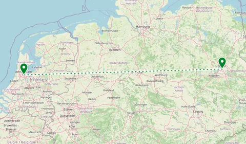 Kaart met de route van Berlijn naar Amsterdam