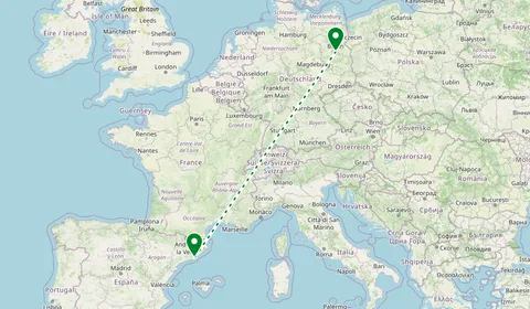 Kaart met de route van Berlijn naar Barcelona