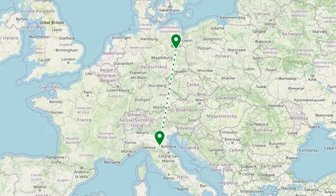 Kaart met de route van Berlijn naar Bologna