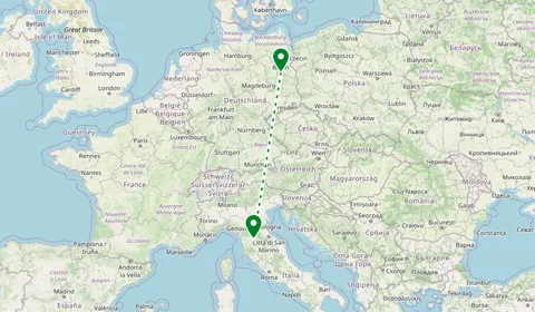 Kaart met de route van Berlijn naar Florence