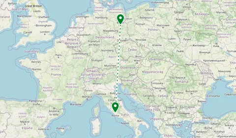 Kaart met de route van Berlijn naar Rome