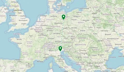 Kaart met de route van Berlijn naar Venetië