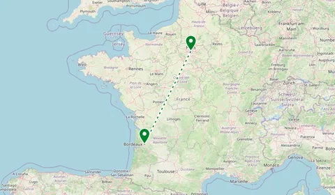 Kaart met de route van Bordeaux naar Parijs