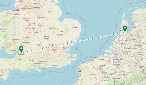 Kaart met de route van Bristol naar Amsterdam