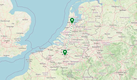 Kaart met de route van Brussel naar Amsterdam