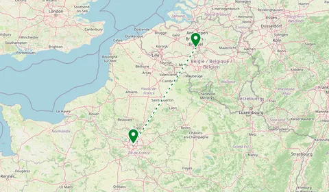 Kaart met de route van Brussel naar Parijs
