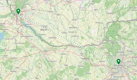 Kaart met de route van Boedapest naar Bratislava