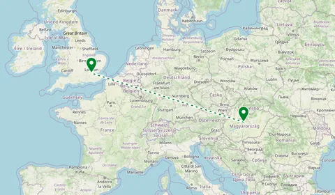Kaart met de route van Boedapest naar Londen