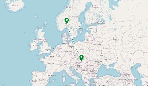 Kaart met de route van Boedapest naar Oslo