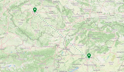Kaart met de route van Boedapest naar Praag