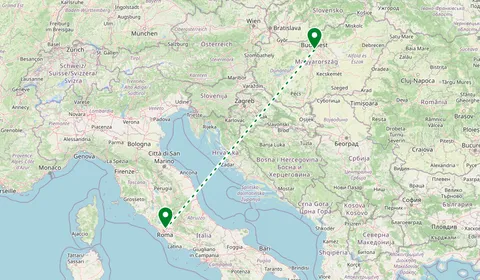 Kaart met de route van Boedapest naar Rome