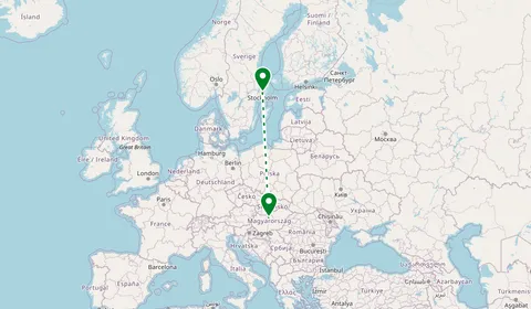 Kaart met de route van Boedapest naar Stockholm