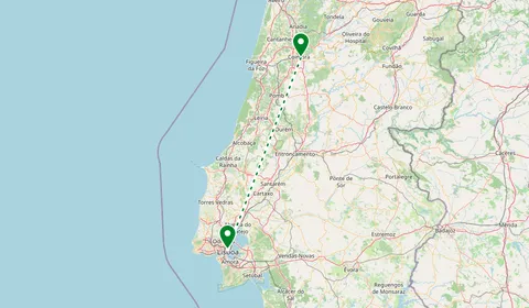 Kaart met de route van Coimbra naar Lissabon
