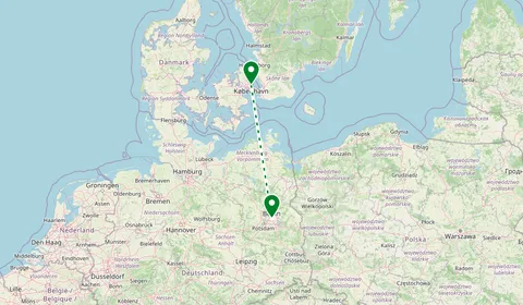 Kaart met de route van Kopenhagen naar Berlijn
