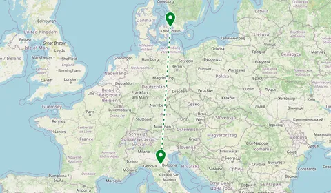 Kaart met de route van Kopenhagen naar Bologna