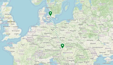 Kaart met de route van Kopenhagen naar Bratislava