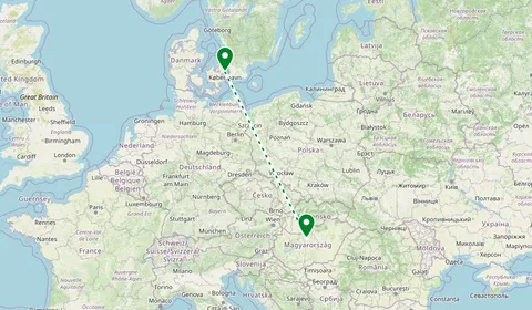 Kaart met de route van Kopenhagen naar Boedapest