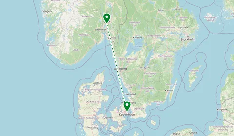 Kaart met de route van Kopenhagen naar Oslo