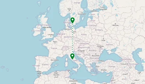 Kaart met de route van Kopenhagen naar Rome