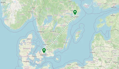 Kaart met de route van Kopenhagen naar Stockholm