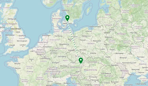 Kaart met de route van Kopenhagen naar Wenen