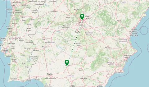 Kaart met de route van Córdoba naar Madrid