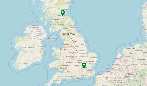Kaart met de route van Edinburgh naar Londen