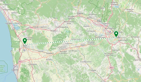 Kaart met de route van Florence naar Pisa