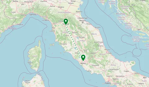 Kaart met de route van Florence naar Rome