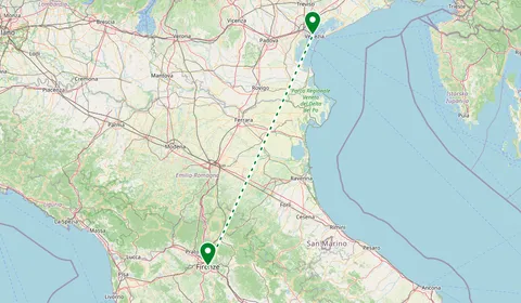 Kaart met de route van Florence naar Venetië