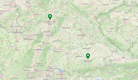 Kaart met de route van Frankfurt naar München