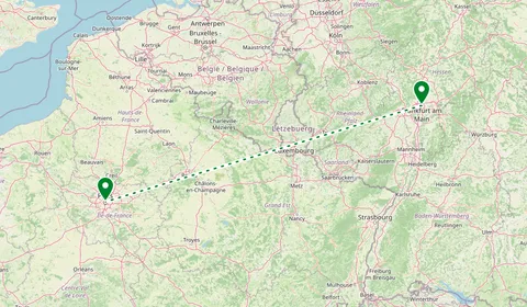 Kaart met de route van Frankfurt naar Parijs