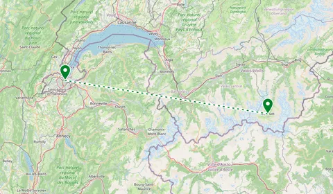 Kaart met de route van Genève naar Zermatt