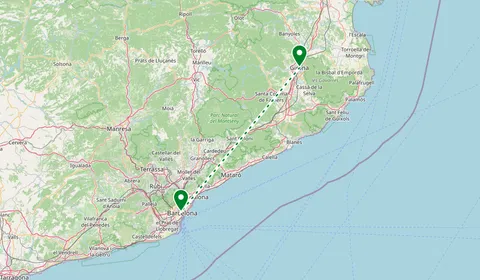 Kaart met de route van Girona naar Barcelona