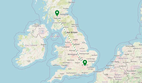 Kaart met de route van Glasgow naar Londen