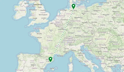 Kaart met de route van Hamburg naar Barcelona