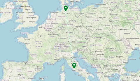 Kaart met de route van Hamburg naar Rome