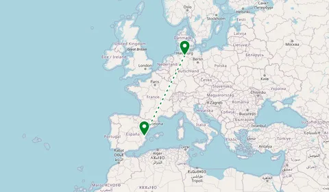 Kaart met de route van Hamburg naar Valencia