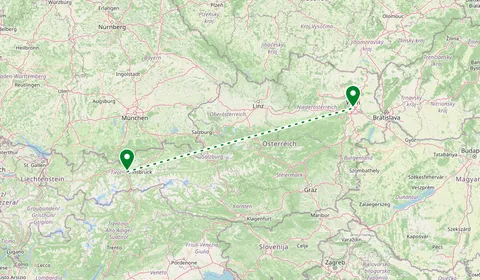 Kaart met de route van Innsbruck naar Wenen
