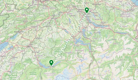 Kaart met de route van Interlaken naar Zürich
