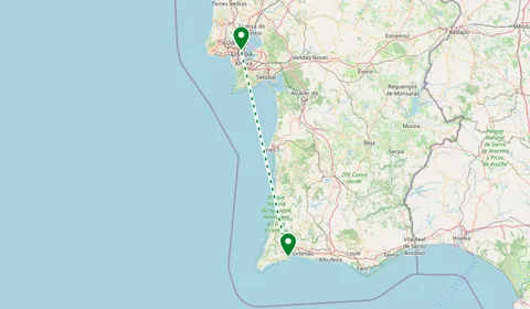 Kaart met de route van Lagos naar Lissabon