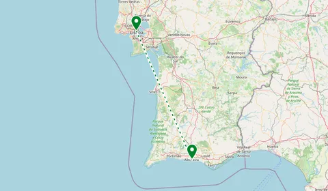 Kaart met de route van Lissabon naar Albufeira