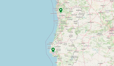 Kaart met de route van Lissabon naar Braga