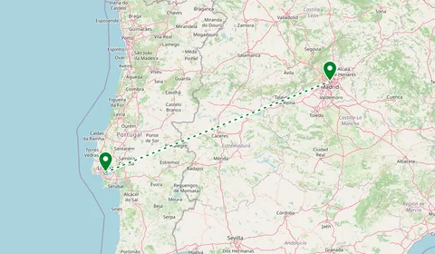 Kaart met de route van Lissabon naar Madrid