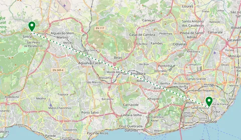Kaart met de route van Lissabon naar Sintra