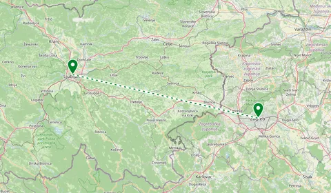 Kaart met de route van Ljubljana naar Zagreb
