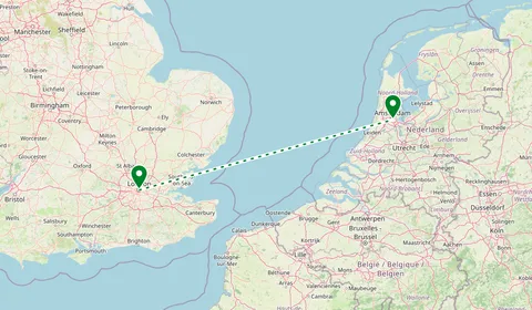 Kaart met de route van Londen naar Amsterdam
